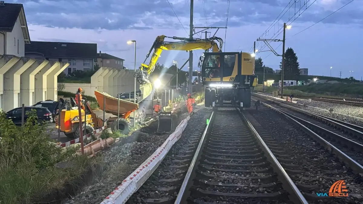 Chantier ferroviaire de nuit : une pelle rail-route travaille sur la voie, des agents en tenue haute visibilite securisent la zone